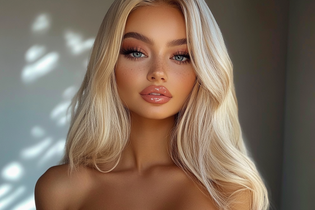 Woman with long blonde hair wearing a sparkly pink dress against a neutral background